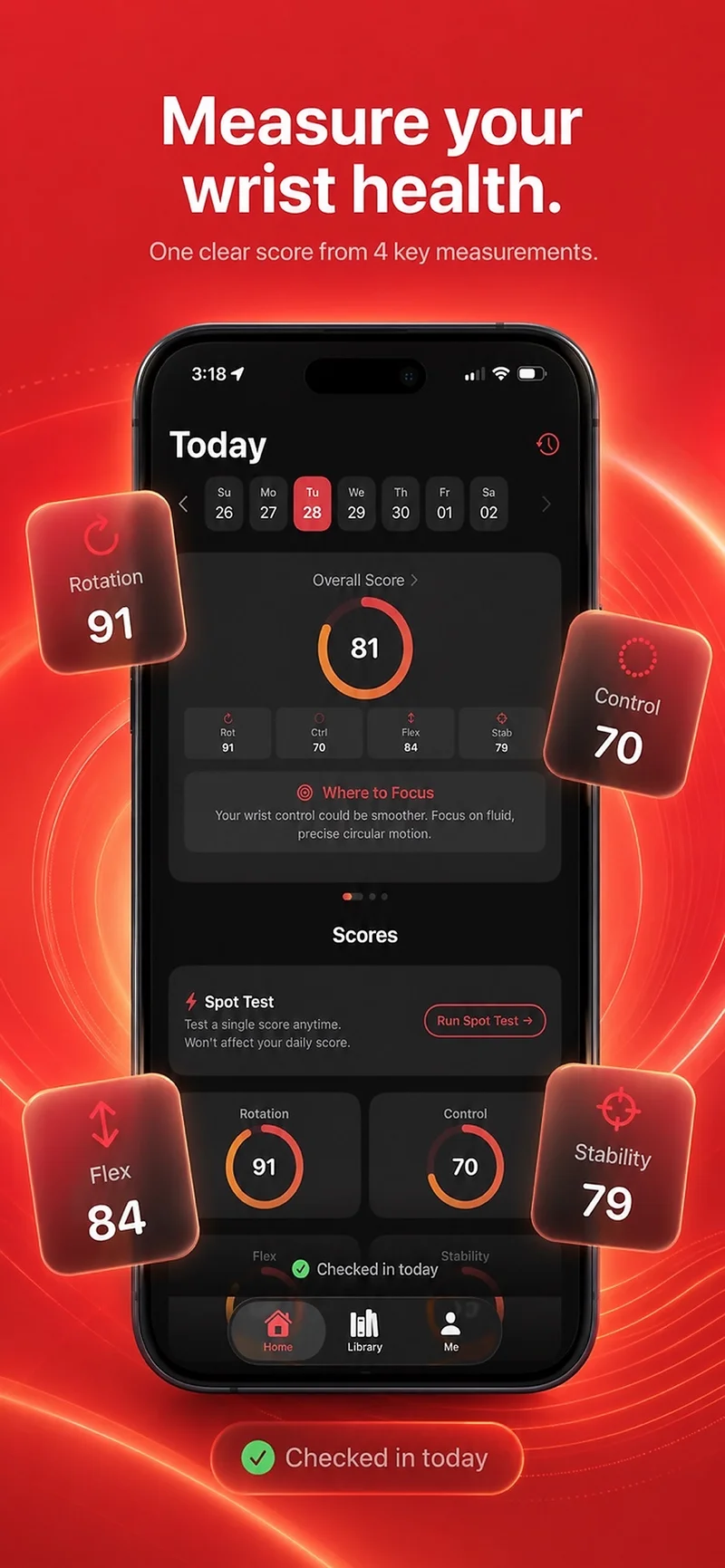 Jointy home dashboard showing overall score 81, rotation 91, control 70, flex 84, stability 79