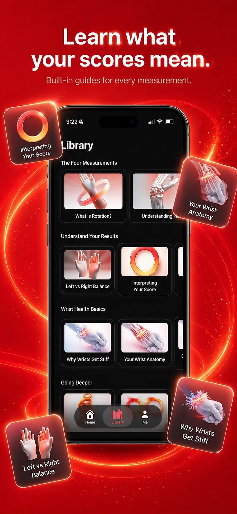 Jointy library showing guides on wrist anatomy, left vs right balance, and how to interpret scores