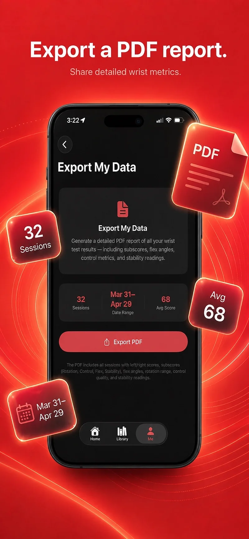 Jointy data export screen showing 32 sessions, date range Mar 31–Apr 29, average score 68, Export PDF button